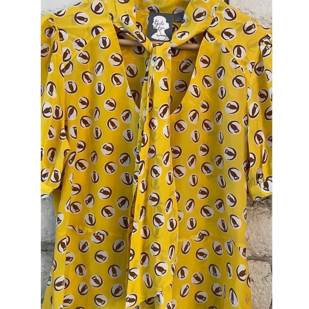 Anthropologie Girls From Savoy Lemon‎ Liftoff Owl Print Silk Blouse Sz 6P - Picture 4 of 8